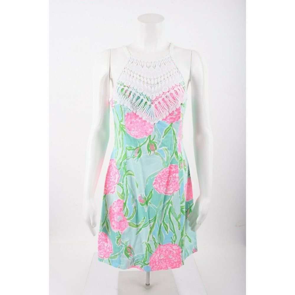 Lilly Pulitzer Pearl Shift Dress Poolside Blue 6 Crochet Lace Neck Halter 20331